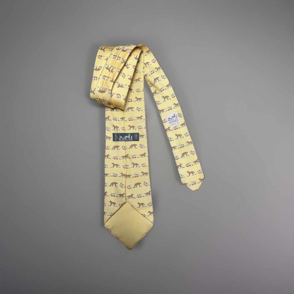 HERMES Paris Yellow 100% Silk Toy Horse Pattern Men's Tie Equestrian